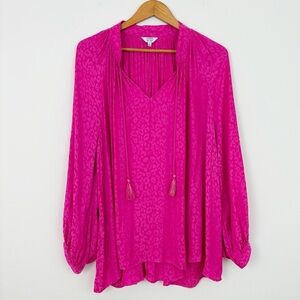 Crown & Ivy Hot Pink Peasant Animal Printed Tassel Tie Front Long Sleeve Top 2X
